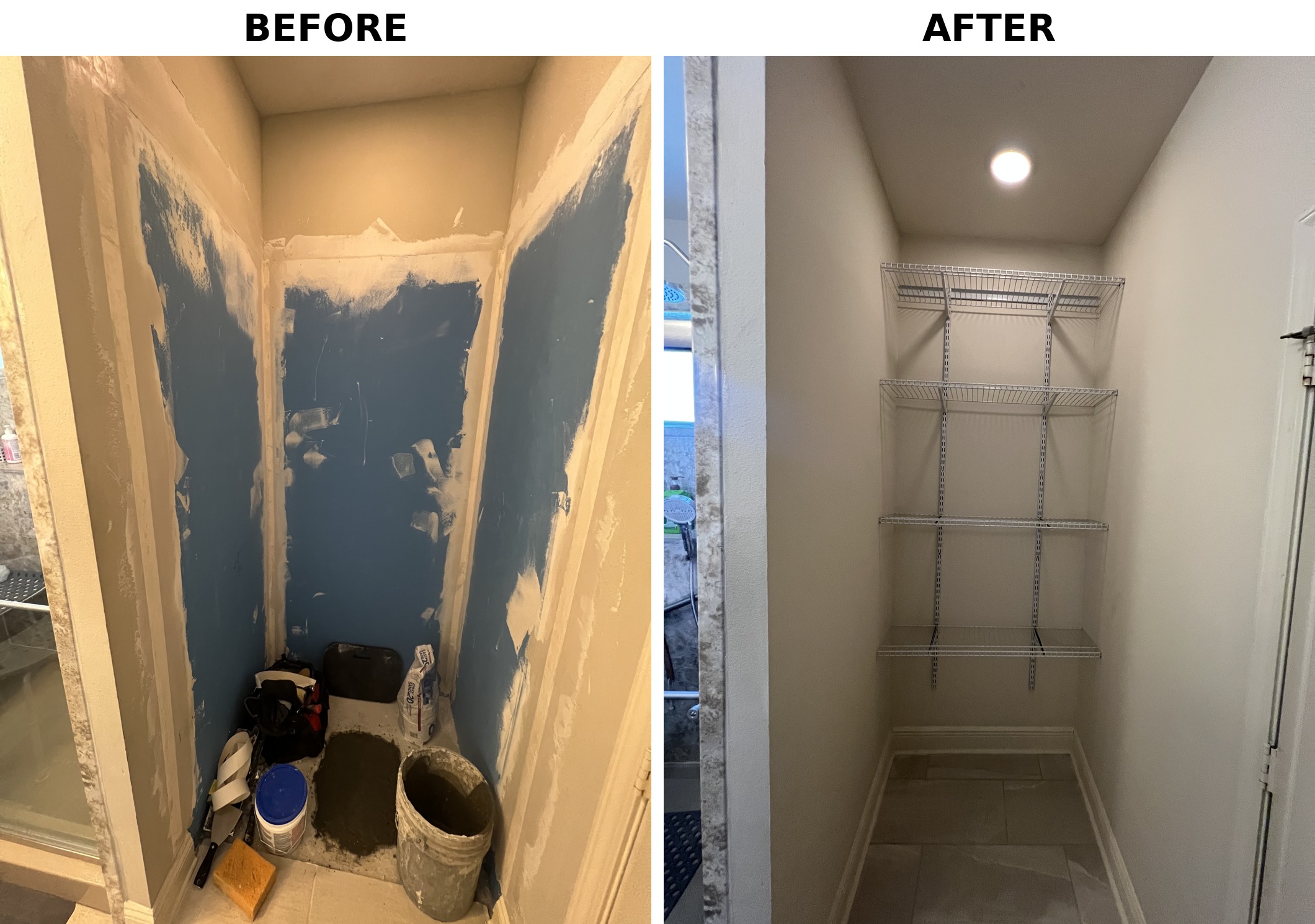 Closet drywall and paint before and after